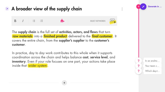 In the right margin of a content, the pink plus button and the purple Generate in one click wand, with existing questions shown as pink question marks