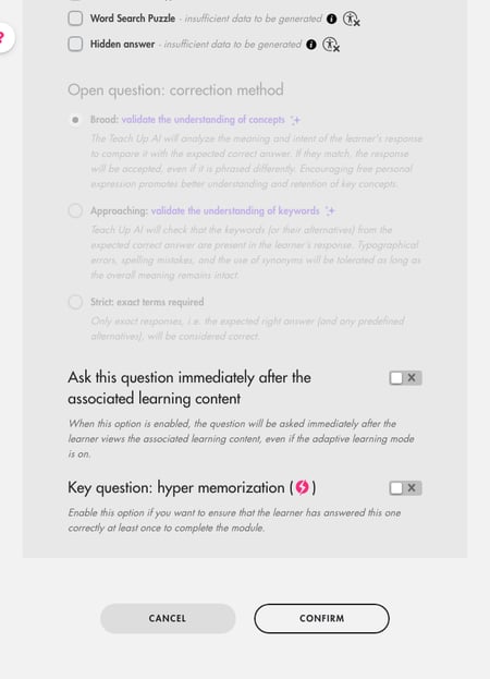 More options: Broad, Approaching and Strict correction methods, then Ask this question immediately after the associated learning content and Key question: hyper memorization