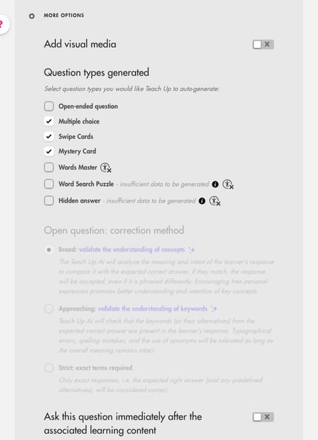 Question types generated: Word Search Puzzle and Hidden answer show insufficient data to be generated