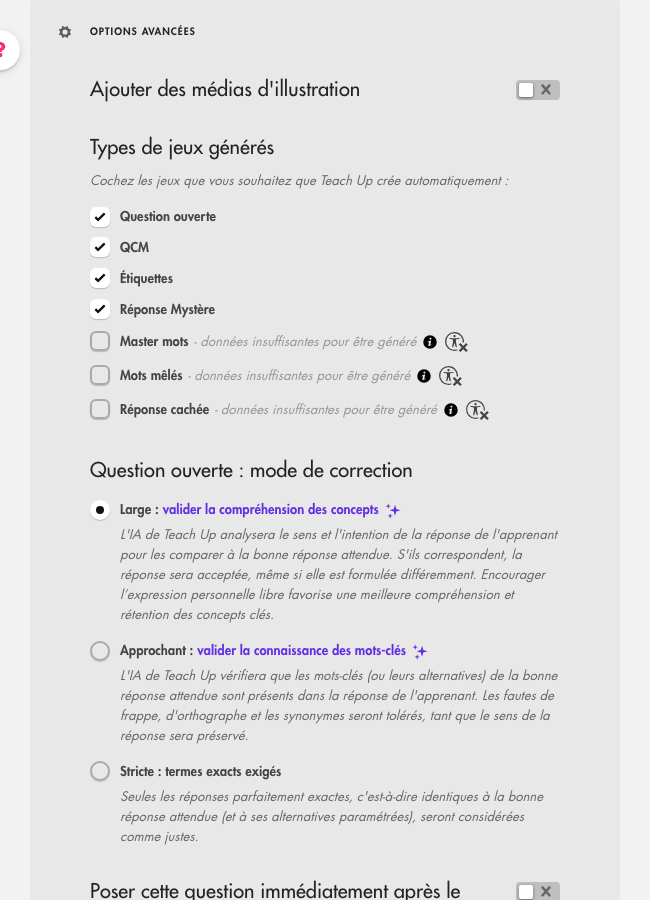 Options avancées : Ajouter des médias d'illustration, Types de jeux générés avec la mention données insuffisantes pour être généré, et Question ouverte : mode de correction