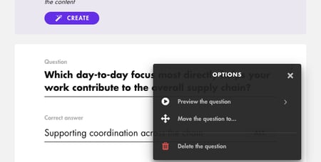 Question Options menu: Preview the question, Move the question to, Delete the question
