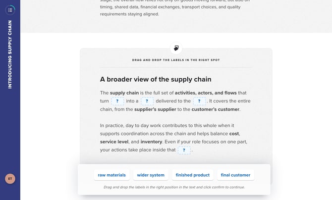 Intro game on a text: drag and drop the labels in the right spot before reading the content