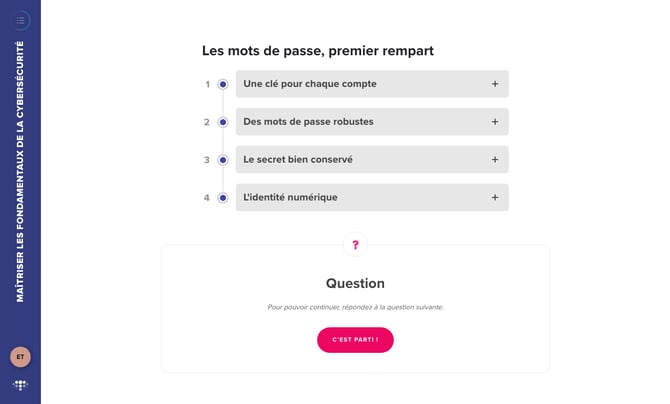 Après une liste, le message Question : pour pouvoir continuer, répondez à la question suivante, avec le bouton C'est parti