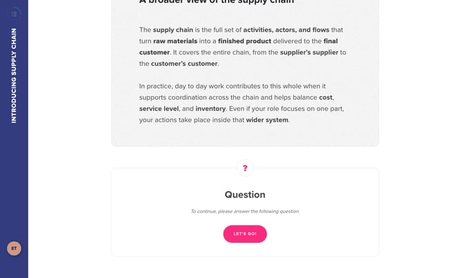 After a text, the message Question: to continue, please answer the following question, with the Let's go button