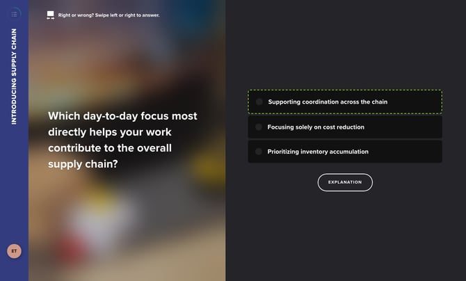 Correction: the right answer is outlined in green, with the Explanation button