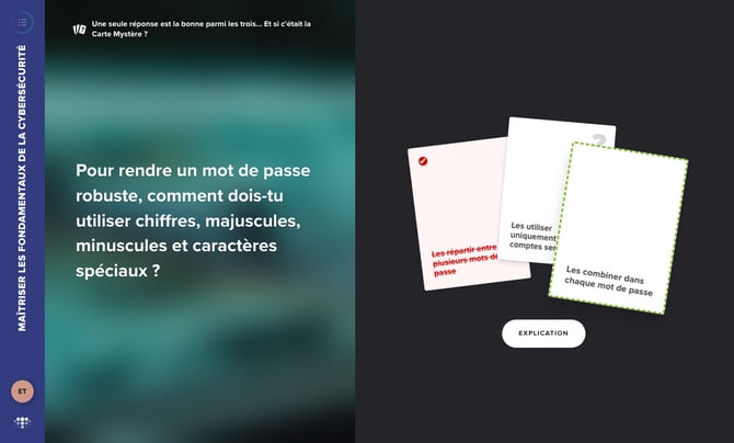 Correction : la réponse choisie est barrée en rouge, la bonne réponse est entourée en vert