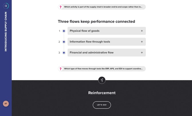 End of a part: the questions already asked are collapsed, then the Reinforcement screen with the Let's go button