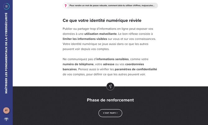 Fin de partie : la question déjà posée est repliée en haut, puis l'écran Phase de renforcement avec le bouton C'est parti