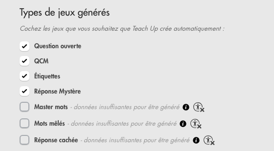 Types de jeux générés : Master mots, Mots mêlés et Réponse cachée affichent données insuffisantes pour être généré