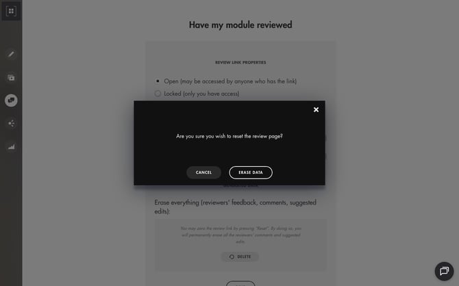 Confirmation window: Are you sure you wish to reset the review page? with the Cancel and Erase data buttons