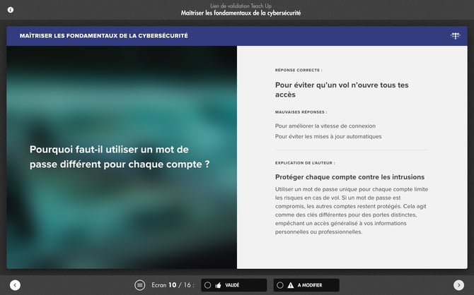 Fiche de relecture d'une question dans le lien de validation : réponse correcte, mauvaises réponses et explication de l'auteur